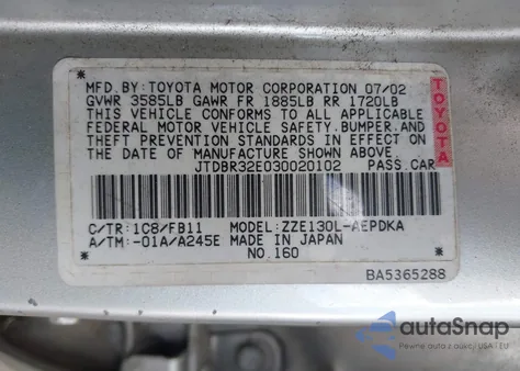 2003 Toyota Corolla Ce из США, поврежденный, VIN JTDBR32E030020102